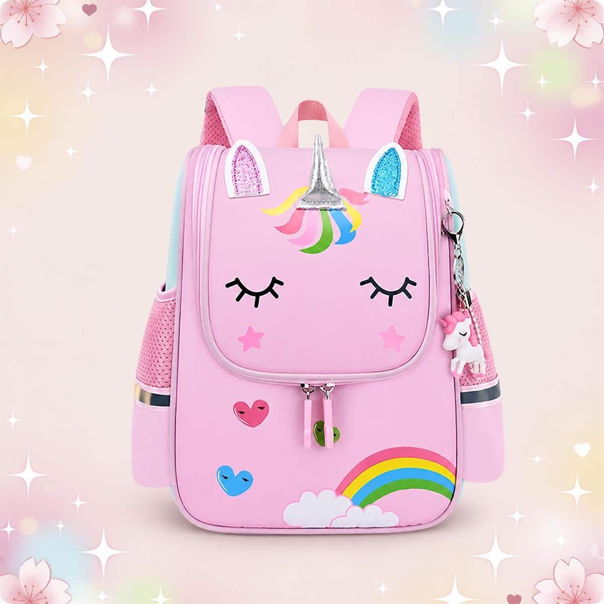 Un sac à dos kawaii rose décliné en deux gabarits, décoré d’un visage de licorne, d’un arc-en-ciel et d’un petit porte-clés licorne, sur un fond pastel étoilé.