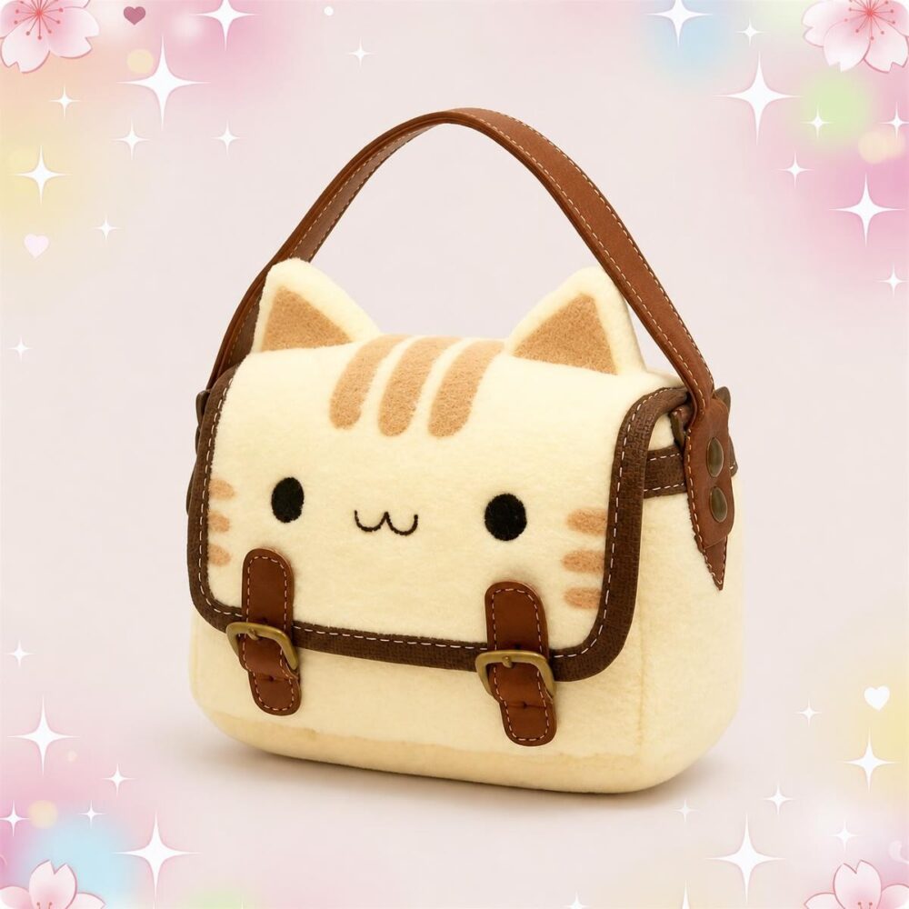 Un sac Kawaii chaton rayé de forme rectangulaire en tissu doux, avec des oreilles de chat, une poignée marron et des sangles décoratives, posé sur un fond pastel fleuri.