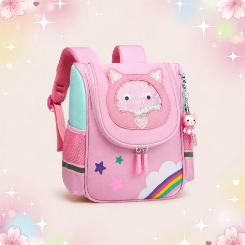 Un sac à dos kawaii chat compact ou très spacieux rose, avec des oreilles de chat, une poche avant décorée et une petite peluche, posé sur un fond pastel scintillant.