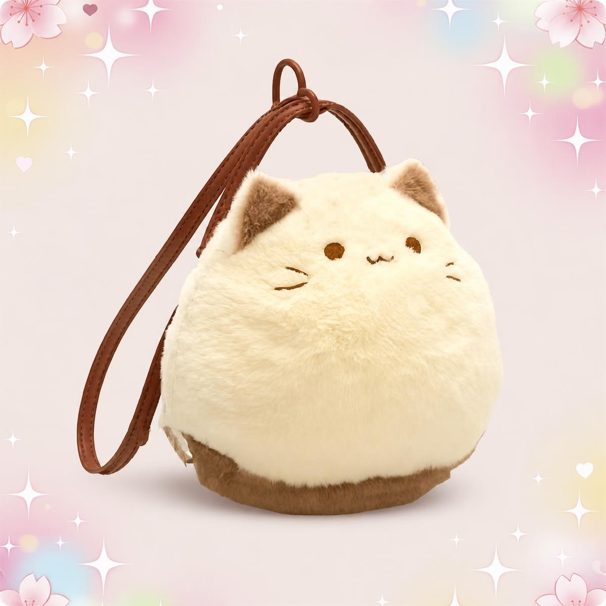 Un sac Kawaii matou rondouillard en fausse fourrure, rond et crème, avec un visage de chat, des oreilles marron et une longue bandoulière, présenté sur un fond pastel décoré d’étoiles et de fleurs.