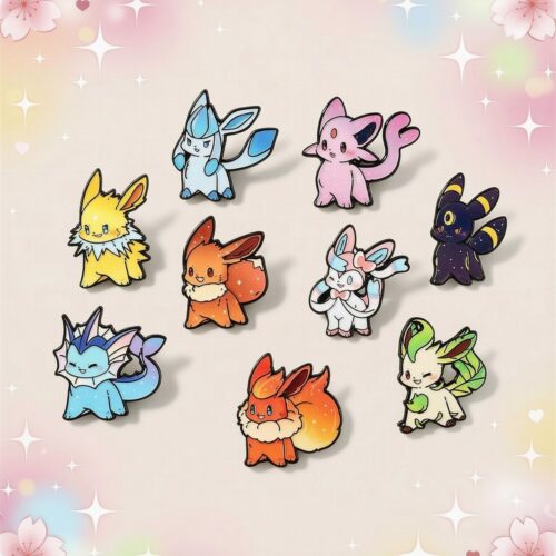 Un lot de 9 pins Kawaii Pokémon dédiés à Evolie, représentant différents Pokémon colorés, disposés sur un fond pastel décoré de fleurs et d’étoiles.