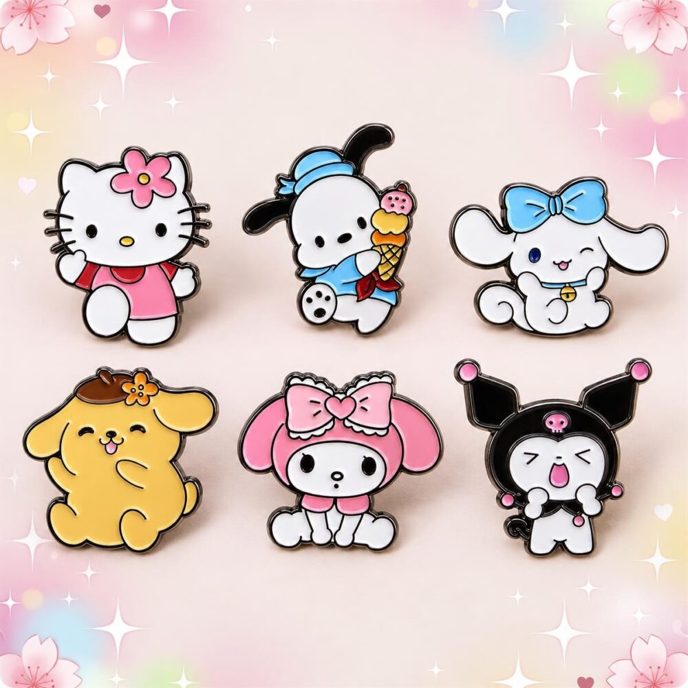 Un lot de 6 pins Kawaii aux personnages de Sanrio, représentant des personnages colorés disposés sur un fond rose pastel décoré de fleurs et d’étoiles.